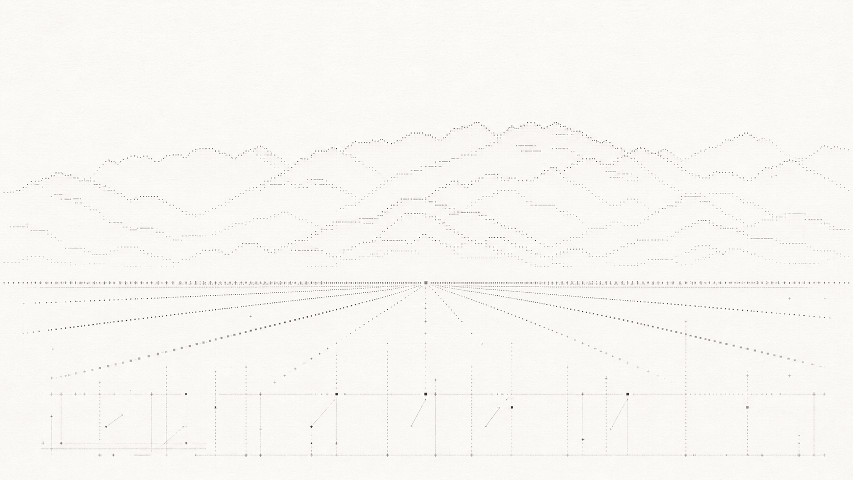ASCII mountain range diagram: a technical, blueprint-style landscape rendered from dotted grids and vanishing-point lines, bridging engineering precision and creative expression